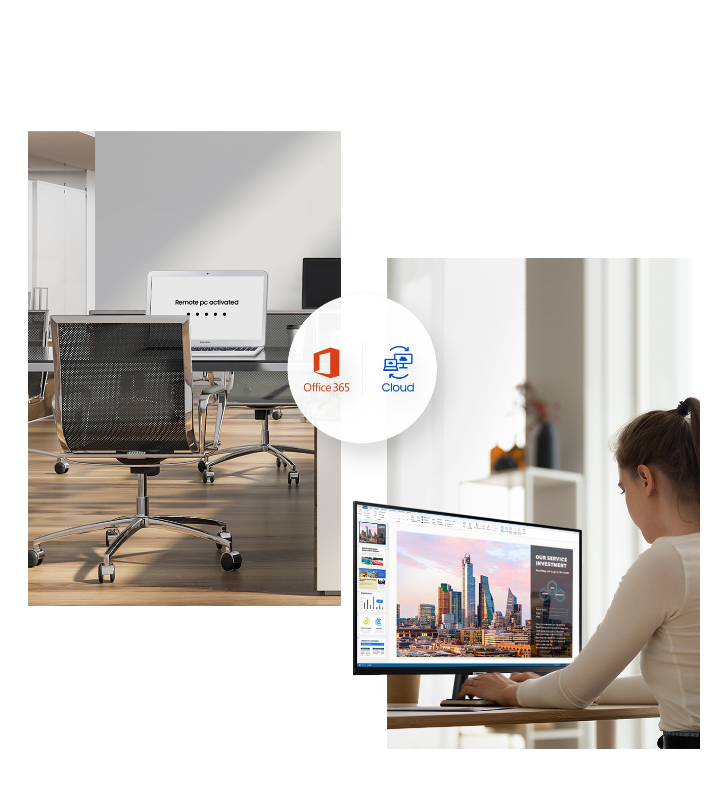 An office laptop shows \Remote PC activated.\ A woman at home uses a monitor. Office 365 and Cloud are shown in between.