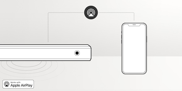 Illustration of the Samsung S61A Soundbar's built-in Apple AirPlay 2 feature which lets smartphone audio play through soundbar without the need to pair the devices.