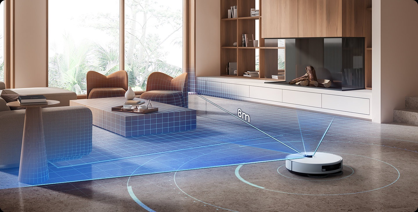 Jet Bot Combo Steam uses the dToF LiDAR sensor to detect objects up to 8 meters in diameter.