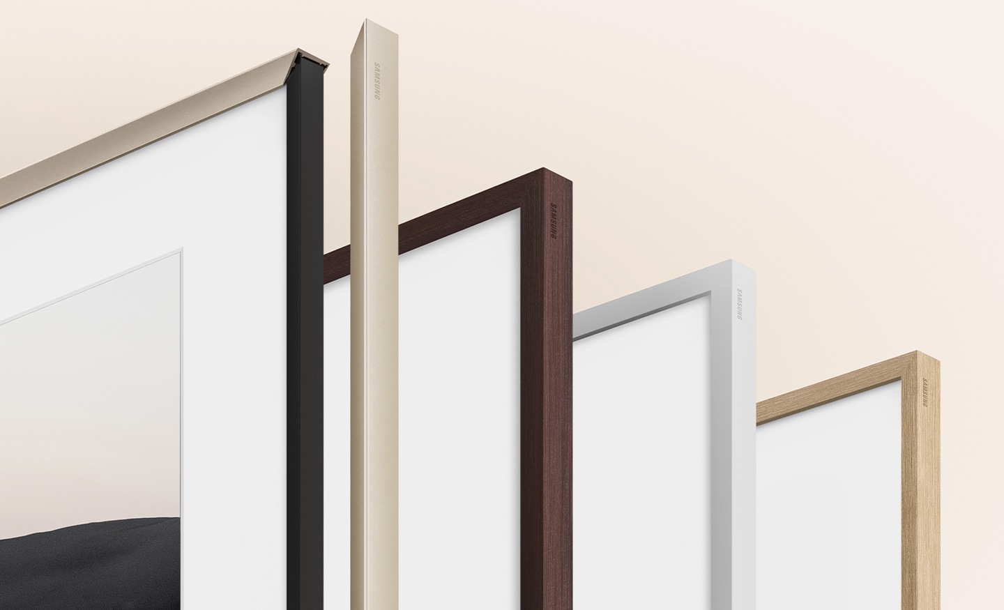 A variety of The Frame's customisable bezels are displayed.