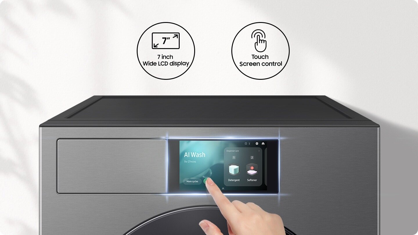 Washer's 7“ wide LCD touch control screen displays AI Wash cycle with 1.27 hours left, Dispensor care alert that amount of detergent and softner. At cycle's end, it shows total time, amount, type, soil level, and usage of water, detergent, softener, and energy.
