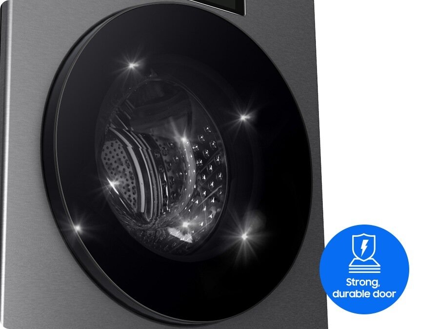 Tempered Glass Door of washing machine with a view of the inside. The Icon shows strong and durable door.