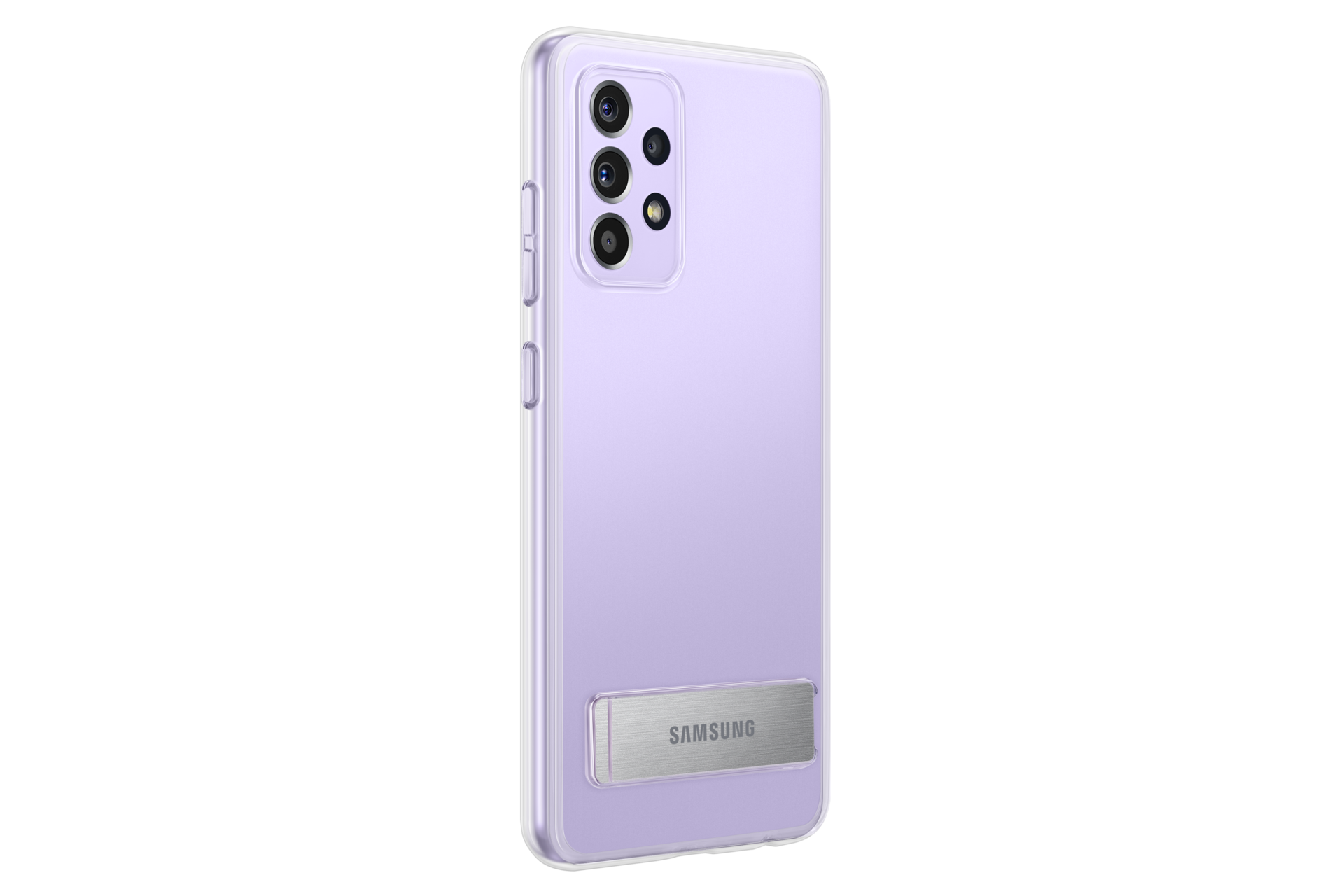 A back-30 degree view of a transparent Galaxy A52s 5G cover made with a dual injection method helps protect a phone from damage