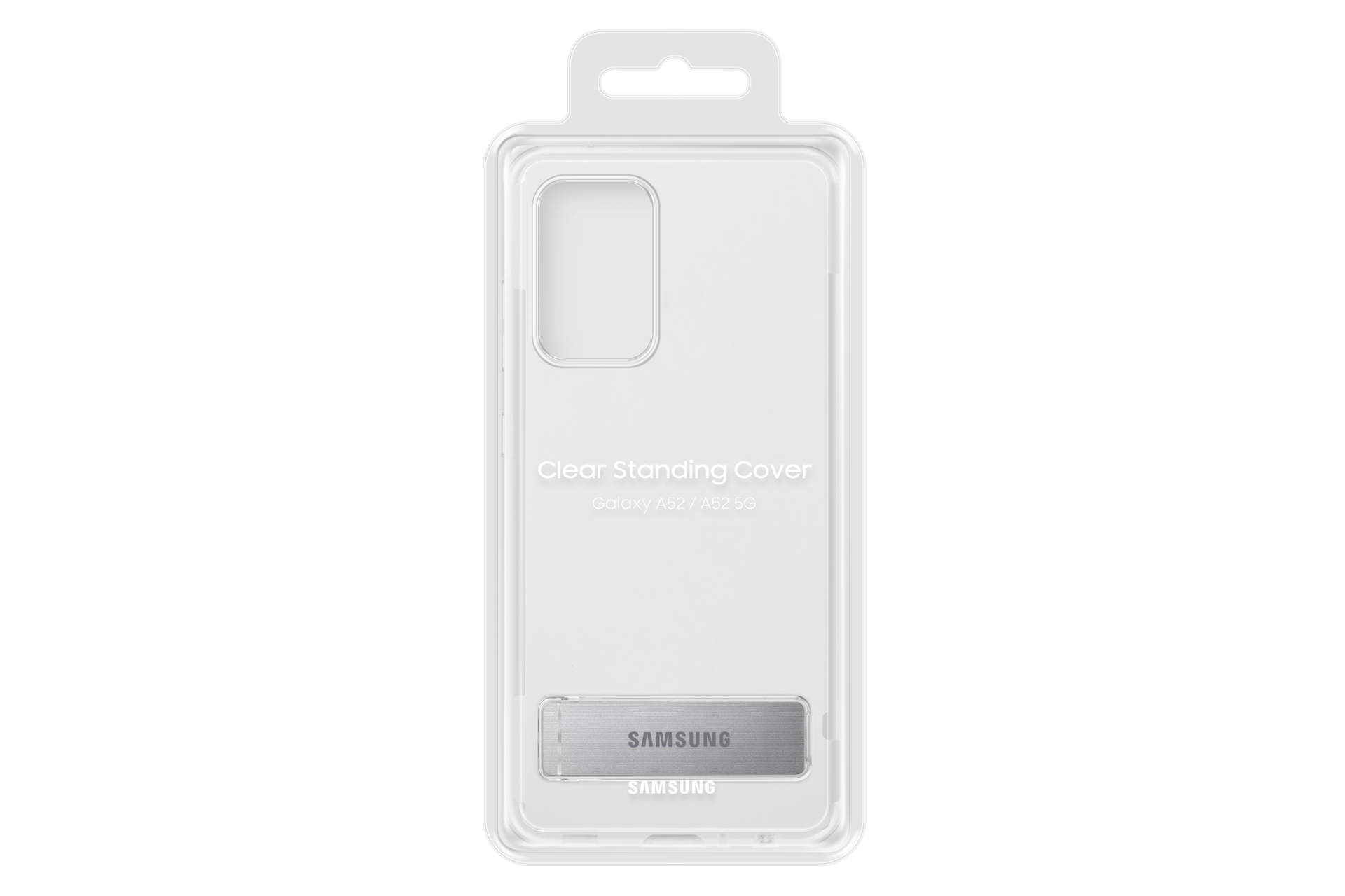 A package of a transparent Samsung A52 5G case and screen protector in a clear box printed letters read Clear Standing Cover in white on it