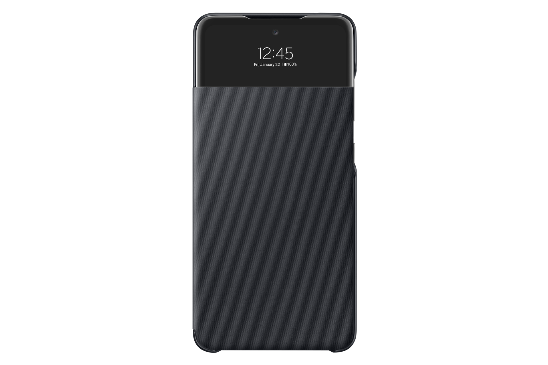 The front side of a Samsung Galaxy A52 Smart S View Wallet Case in black comes with a clear mini window and smart sensor