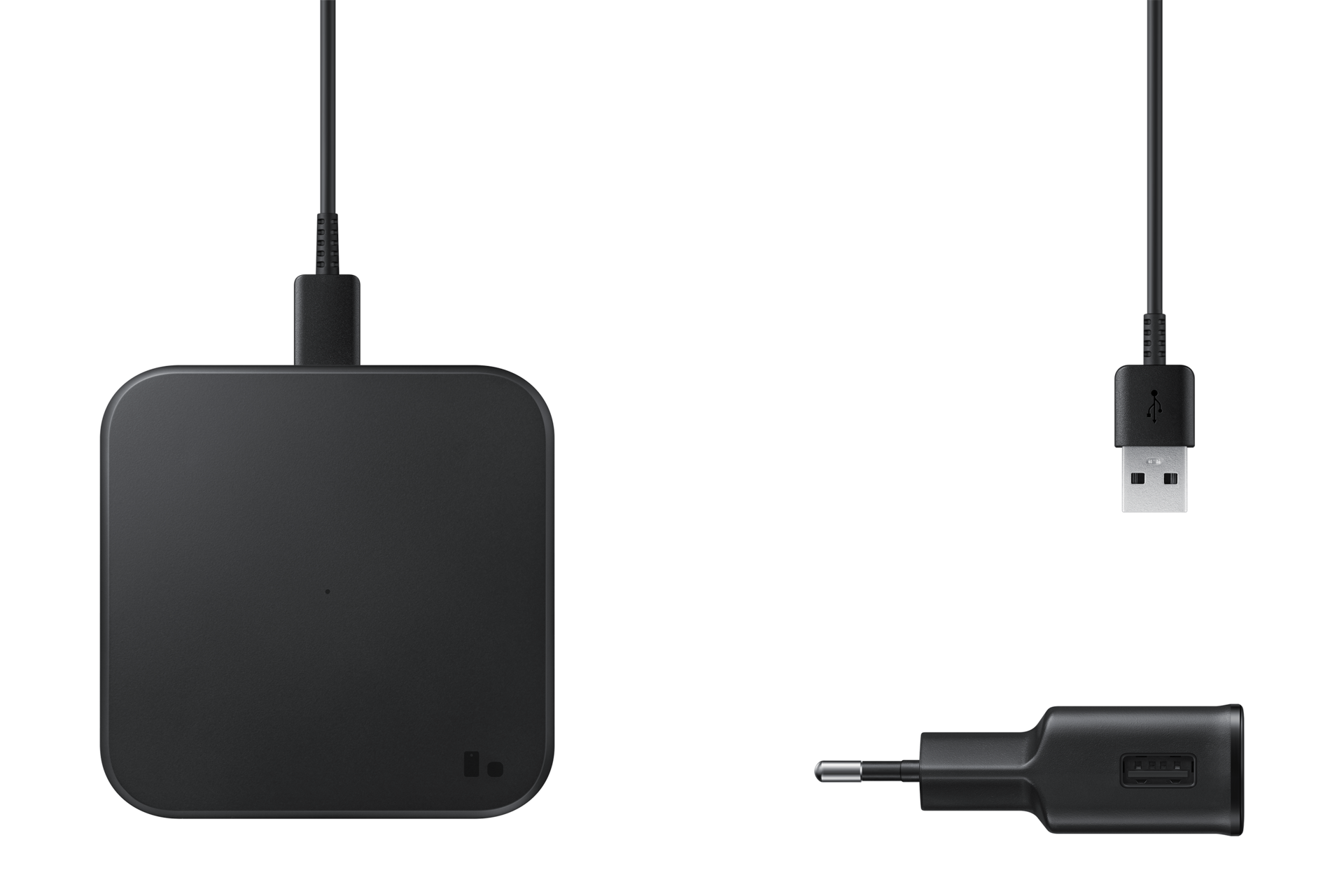 A top view of Samsung wireless charger (EP-P1300TBEGWW) in black  powers up your device through lightweight cases up to 2mm thick