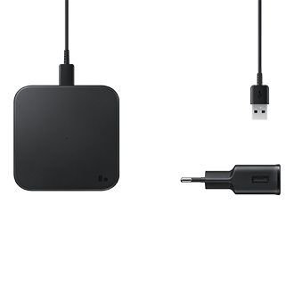 A top view of Samsung wireless charger (EP-P1300TBEGWW) in black  powers up your device through lightweight cases up to 2mm thick