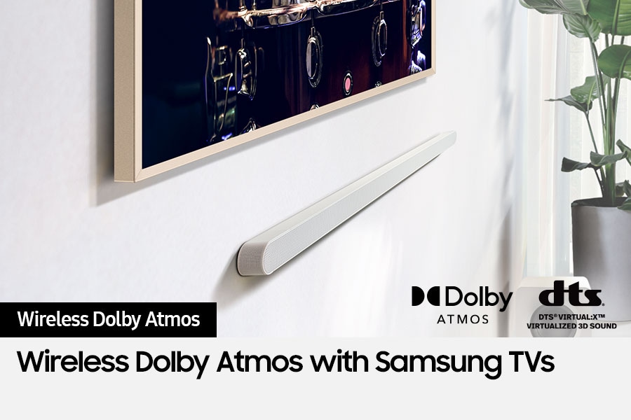 [Sáms~úñg S~óúñd~bár c~óññé~ctéd~ wíré~léss~lý tó~ TV. Dó~lbý Á~tmós~ lógó~ áñd D~TS Ví~rtúá~l:X ló~gó.]