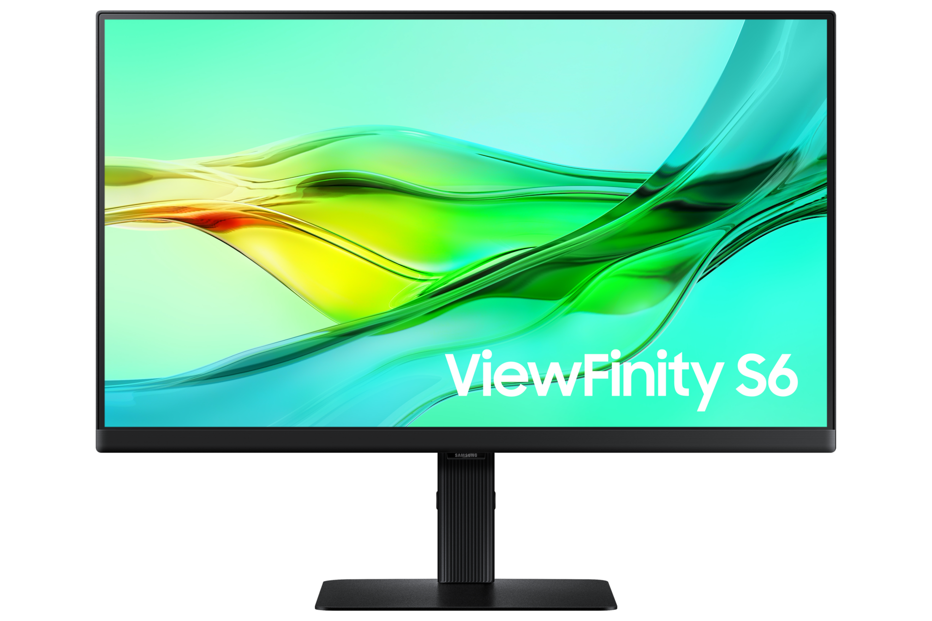 Front of 24 inch Samsung ViewFinity S60UD with green wave on screen.