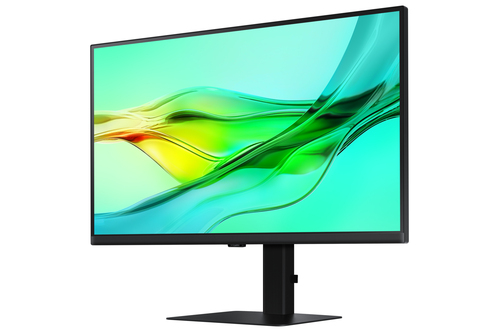 Front-right perspective of 27 inch Samsung ViewFinity S60UD with green wave on screen.