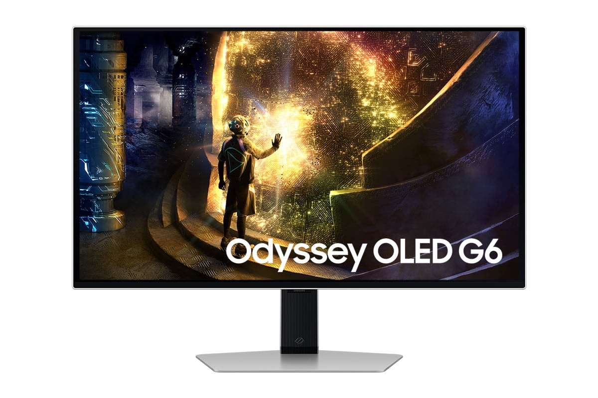 Front of Samsung Odyssey OLED G6 G61SD with an onscreen of a man in front of a portal.