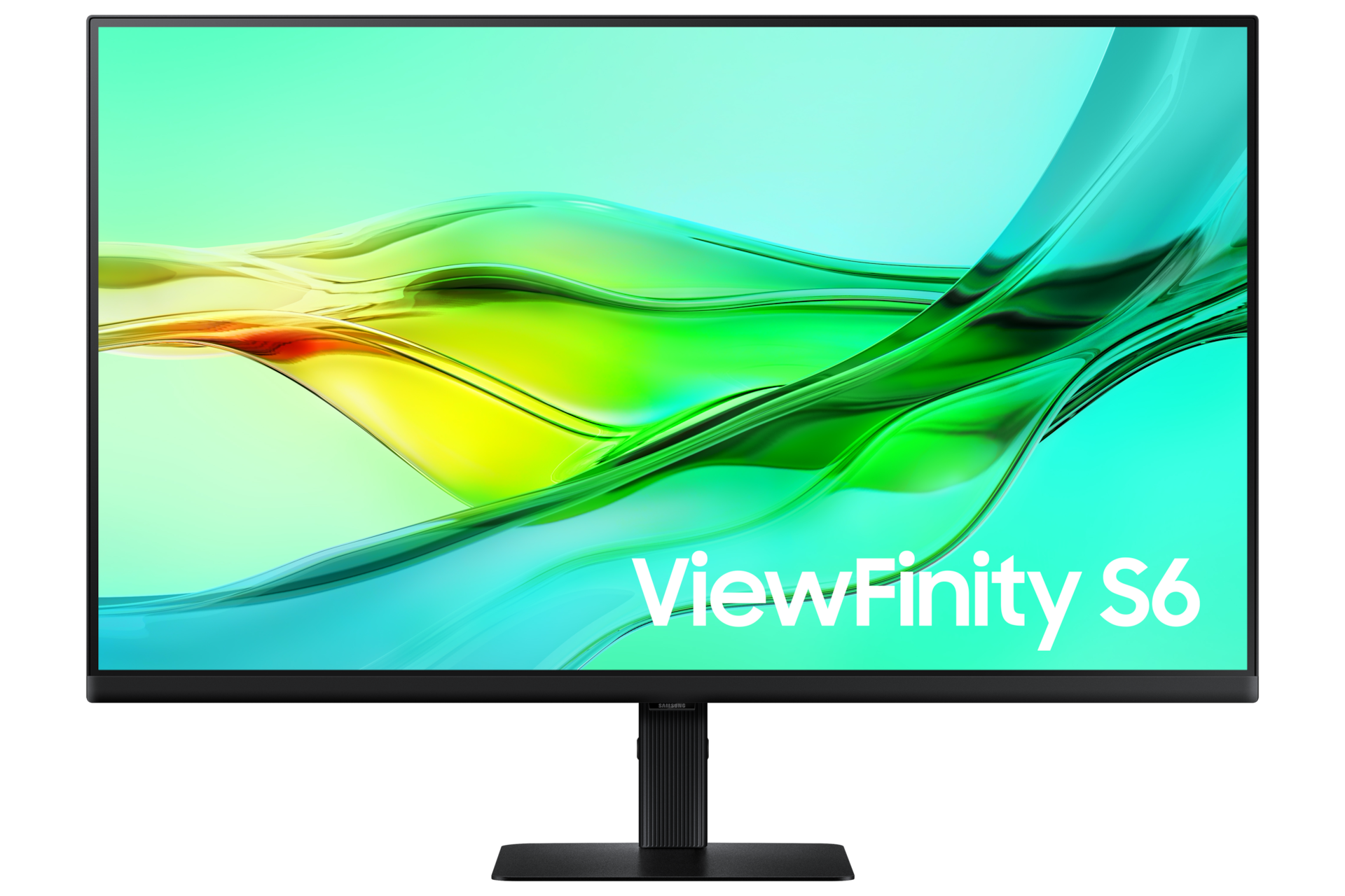 Front of 32 inch Samsung ViewFinity S60UD with green wave on screen.