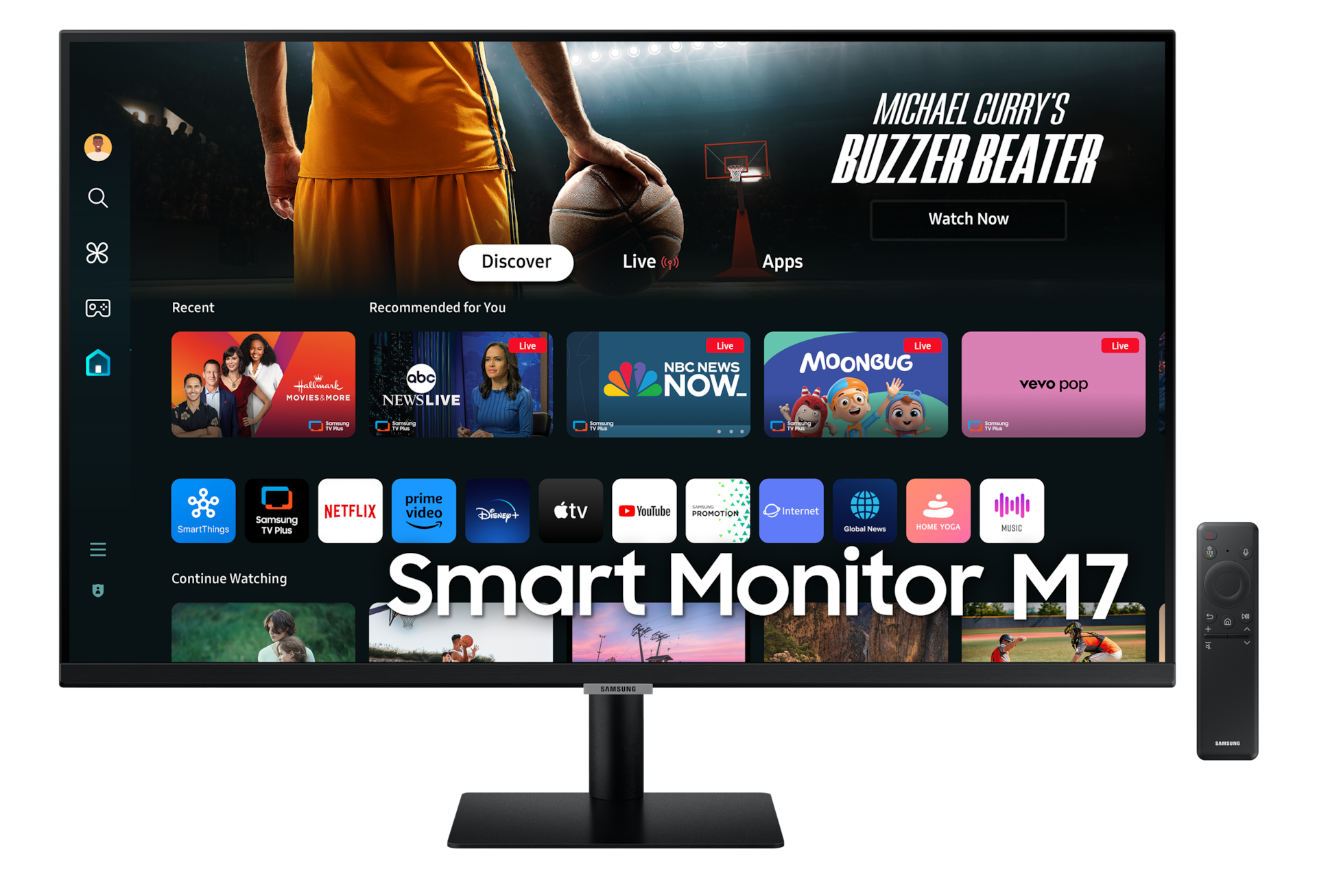 Front of 32inch Samsung Smart Monitor M70D with Smart TV Apps on screen, and remote control.