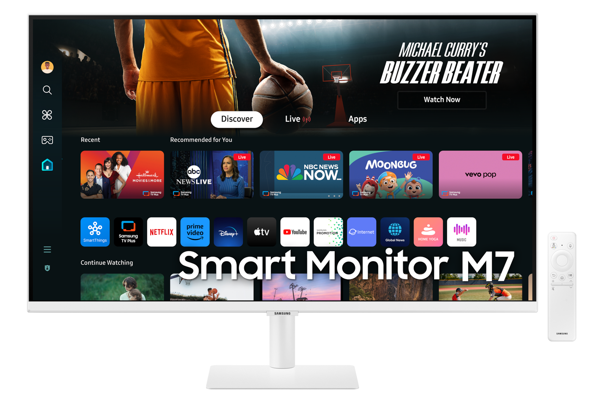 Front of 32inch Samsung Smart Monitor M70D white with Smart TV Apps on screen, and remote control.