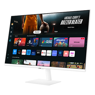 Front-right perspective of 32inch Samsung Smart Monitor M70D white with Smart TV Apps on screen.