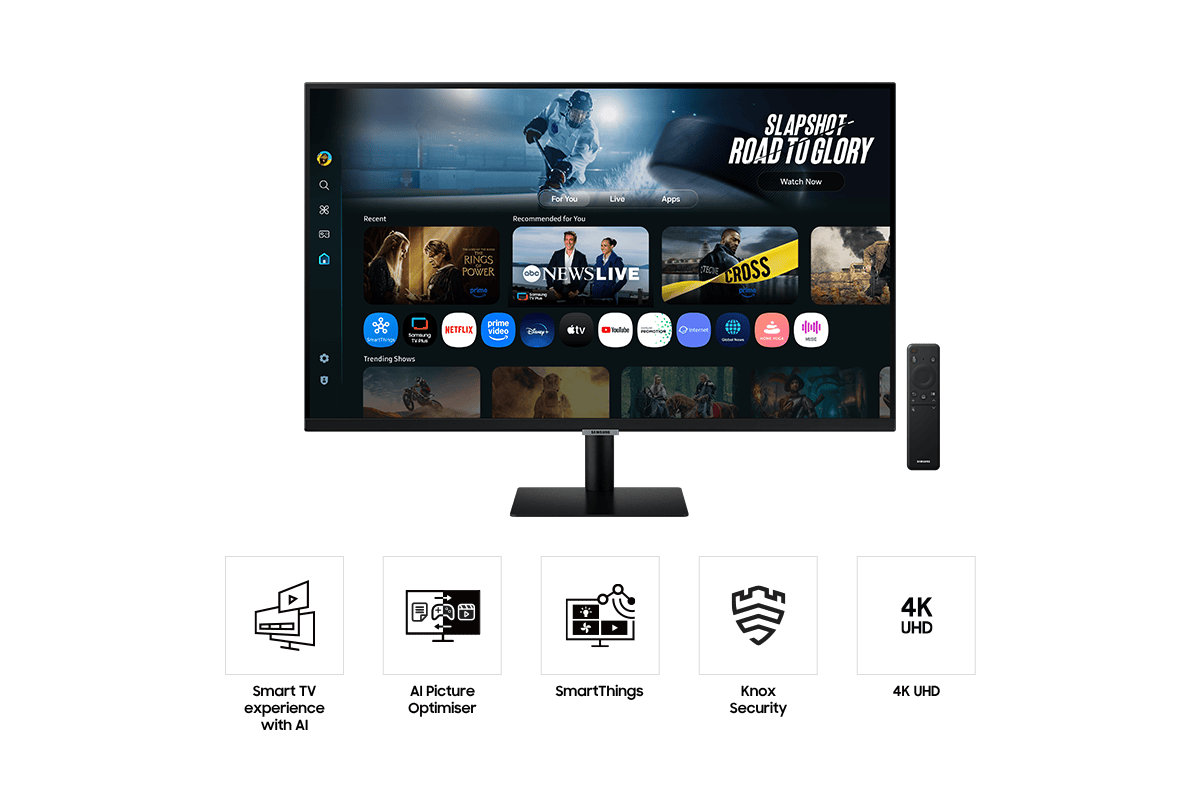 Front of 32 inch Samsung Smart Monitor M7 with the screen showing Smart TV Apps page with various content and apps lined up, and a remote control. Five icons for features about Smart TV experience with AI, AI Picture Optimizer, SmartThings, Knox Security, and 4K UHD.