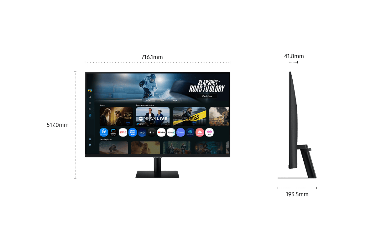 Dimensions of 32 inch Samsung Smart Monitor M7 (716.1 x 517.0 x 193.5 mm) with a stand, and screen depth of 41.8 mm without stand. Screen showing various content.