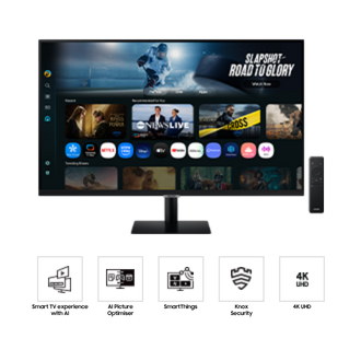 Front of 32 inch Samsung Smart Monitor M7 with the screen showing Smart TV Apps page with various content and apps lined up, and a remote control. Five icons for features about Smart TV experience with AI, AI Picture Optimizer, SmartThings, Knox Security, and 4K UHD.