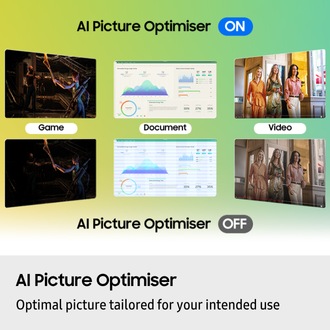 AI Picture Optimiser. Optimal picture tailored for your intended use. AI Picture Optimiser ON shows clearer view of game and video scenes, and data in documents than AI Picture Optimiser OFF.