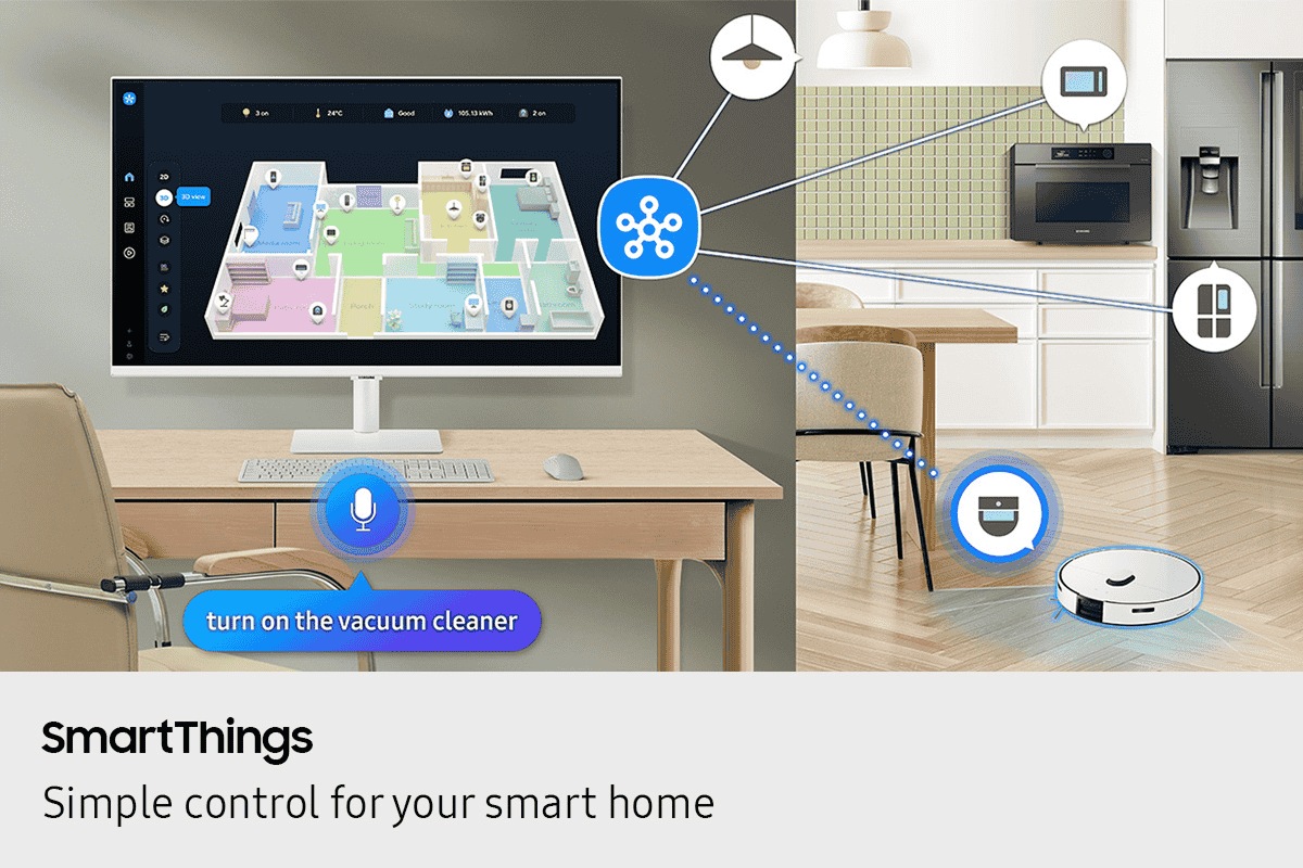 SmartThings. Simple control for your smart home. A monitor shows 3D Map View of home devices. Microwave, light bulb, refrigerator and vacuum cleaner connected to SmartThings icon. Microphone icon with dialogue bubble reading "turn on the vacuum cleaner." Vacuum cleaner turned on.