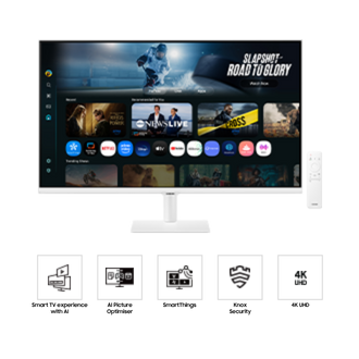 Front of 32 inch Samsung Smart Monitor M7 with the screen showing Smart TV Apps page with various content and apps lined up, and a remote control. Five icons for features about Smart TV experience with AI, AI Picture Optimizer, SmartThings, Knox Security, and 4K UHD.