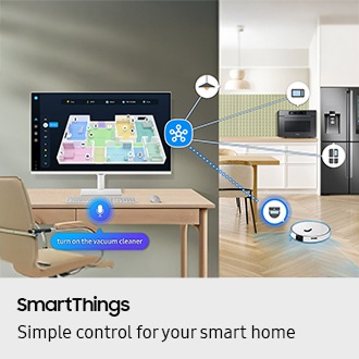 SmartThings. Simple control for your smart home. A monitor shows 3D Map View of home devices. Microwave, light bulb, refrigerator and vacuum cleaner connected to SmartThings icon. Microphone icon with dialogue bubble reading "turn on the vacuum cleaner." Vacuum cleaner turned on.