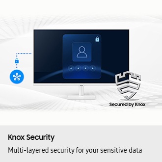 Knox Security. Multi-layered security for your sensitive data. SmartThings links to the monitor. Monitor shows a secure login screen. Secured by Knox logo.