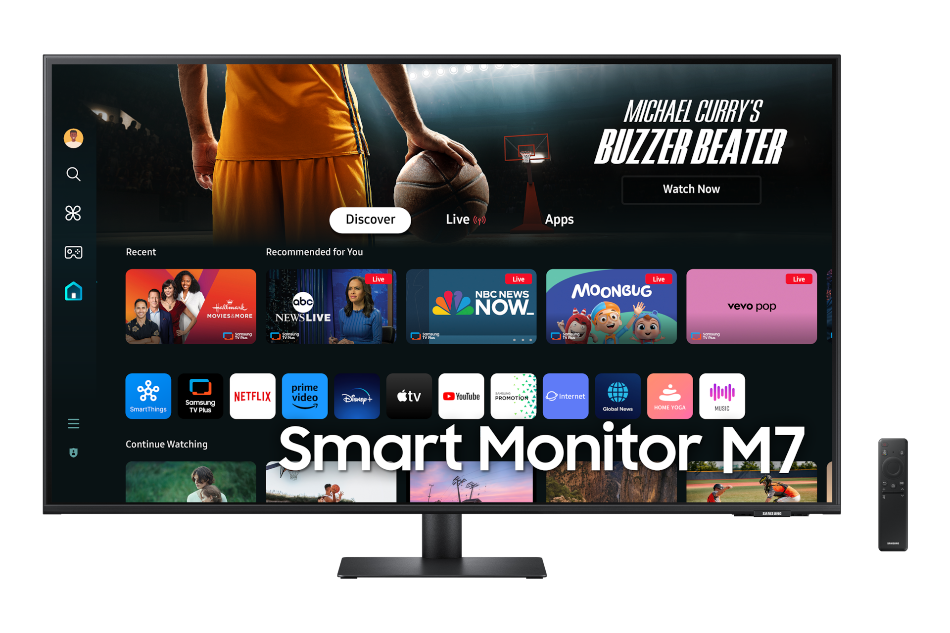 Front of 43inch Samsung Smart Monitor M70D with Smart TV Apps on screen, and remote control.