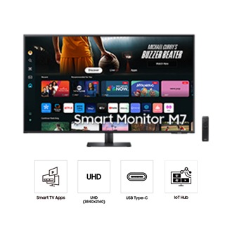 Front of 43inch Samsung Smart Monitor M70D with  Smart TV Apps on screen, remote control and four icons for features about Smart TV Apps, UHD, USB type-C and IoT hub.