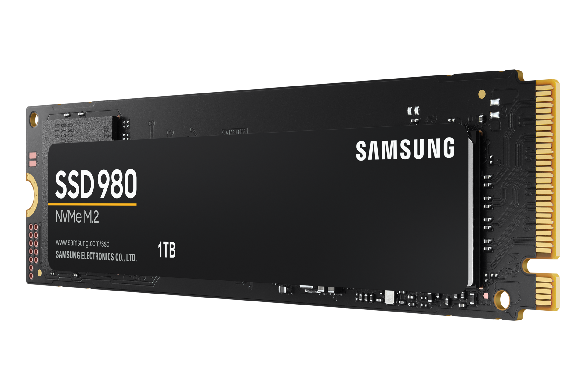 Right view of the Samsung 980 PCIe 3.0 NVMe M.2 SSD memory card for high performance PCs and gaming laptops.