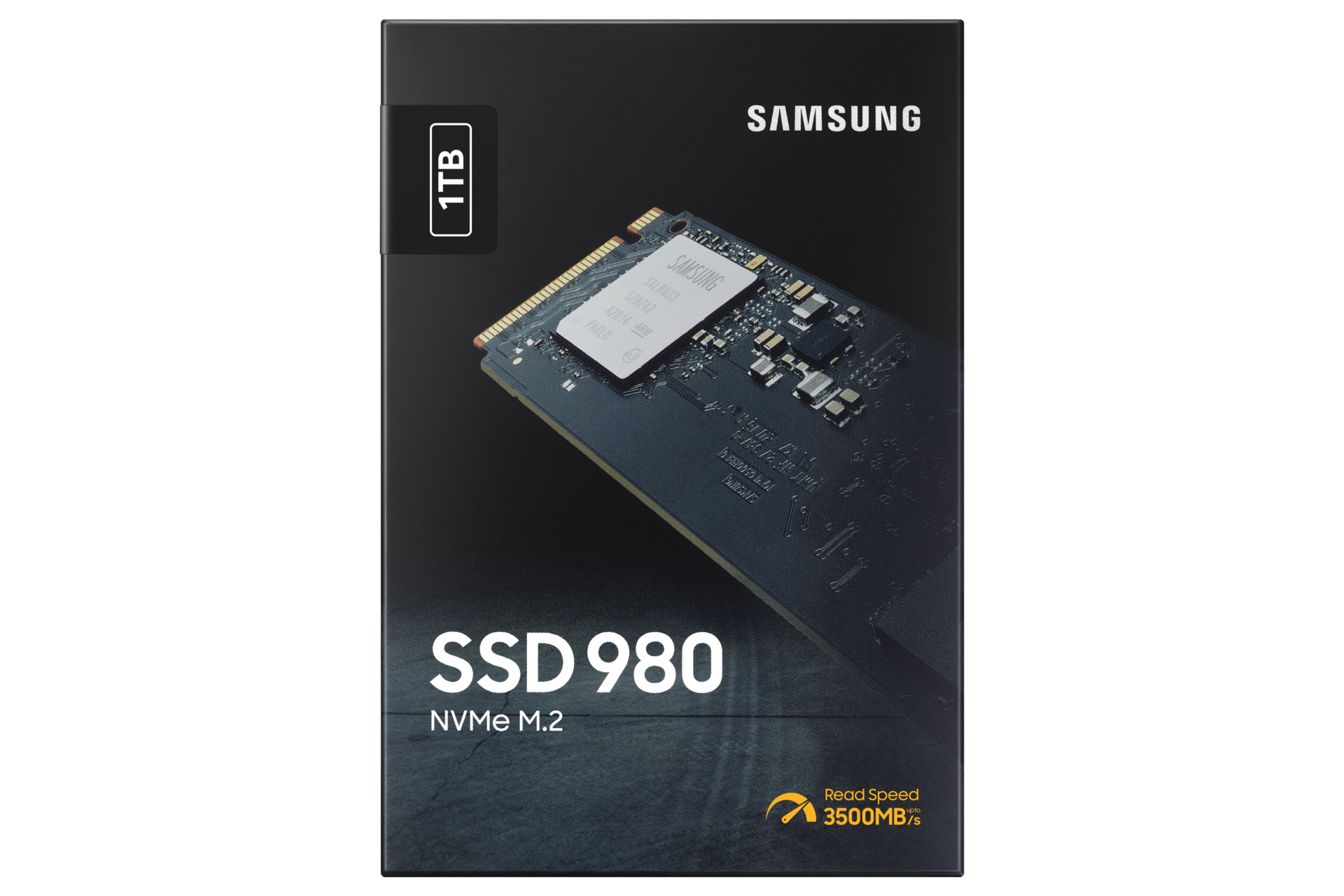 Front view of the Samsung 980 PCIe 3.0 NVMe M.2 SSD memory card for high performance PCs and gaming laptops in its packaging.
