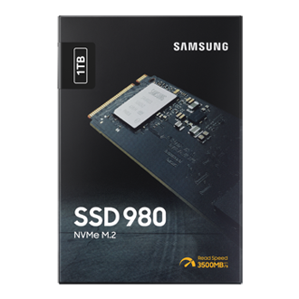 Front view of the Samsung 980 PCIe 3.0 NVMe M.2 SSD memory card for high performance PCs and gaming laptops in its packaging.