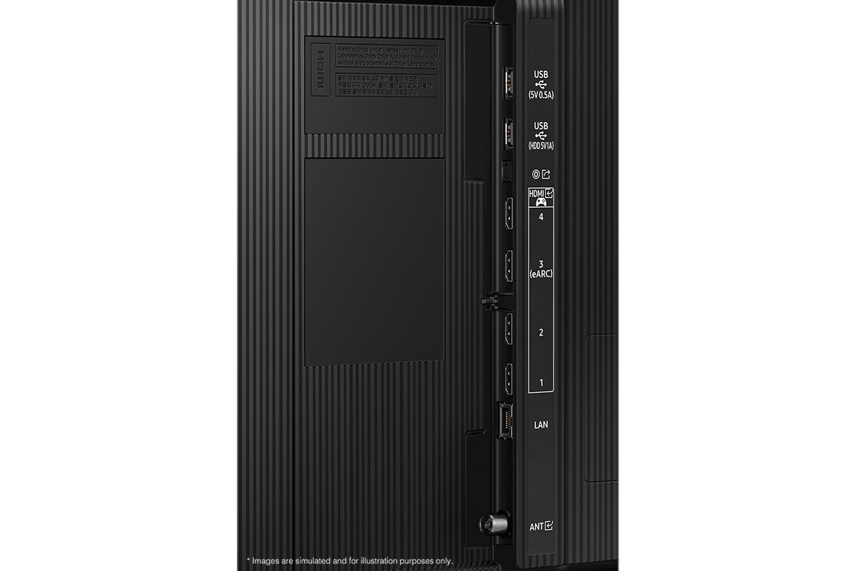 Samsung 2025 Neo QLED QN80F has USB, HDMI, LAN, antenna ports and etc. on the side.