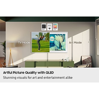 Artful Picture Quality with QLED. Stunning visuals for art and entertainment alike. The Frame shows TV Mode with 100% Color Volume with Quantum Dot and AI TV NQ4 AI Gen2 Processor logos, and Art Mode with Glare Free Reflection UGR<10 Discomfort <22 Disability <34 UL and PANTONE™ Validated ArtfulColor logos.