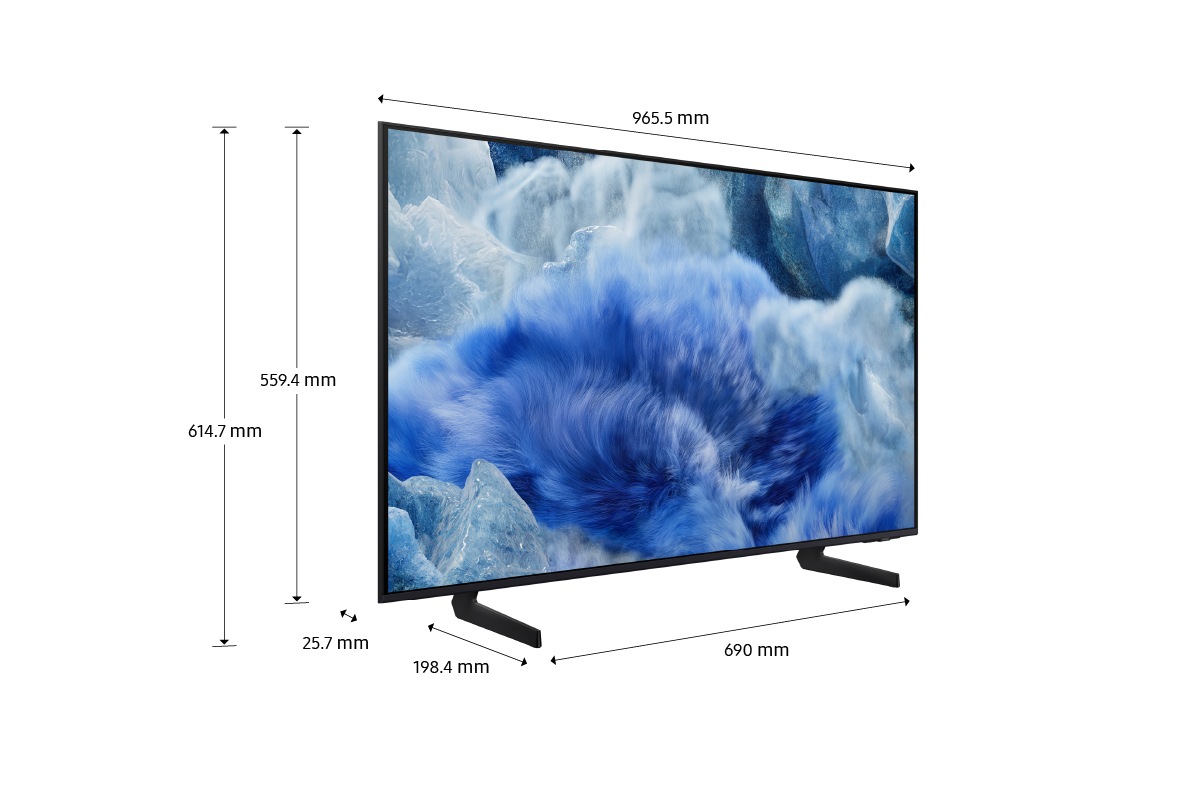 Dimension of Samsung QLED Q8F screen only (965.5 x 559.4 x 25.7 mm). Height with Black Aero Linear Stand (614.7 mm). Dimension of  Black Aero Linear Stand (690 x 198.4 mm).