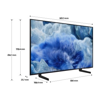 Dimension of Samsung QLED Q8F screen only (965.5 x 559.4 x 25.7 mm). Height with Black Aero Linear Stand (614.7 mm). Dimension of  Black Aero Linear Stand (690 x 198.4 mm).