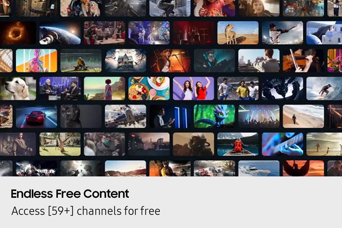 Array of screens showing various content. Aerial shot reveals more screens and vast amount of content available. Endless Free Content. Other screens appear. Experience, smart, beyond. Screens move to the side as if scrolled through. TV show, sports, movie, drama, music. Upscale Your Entertainment.