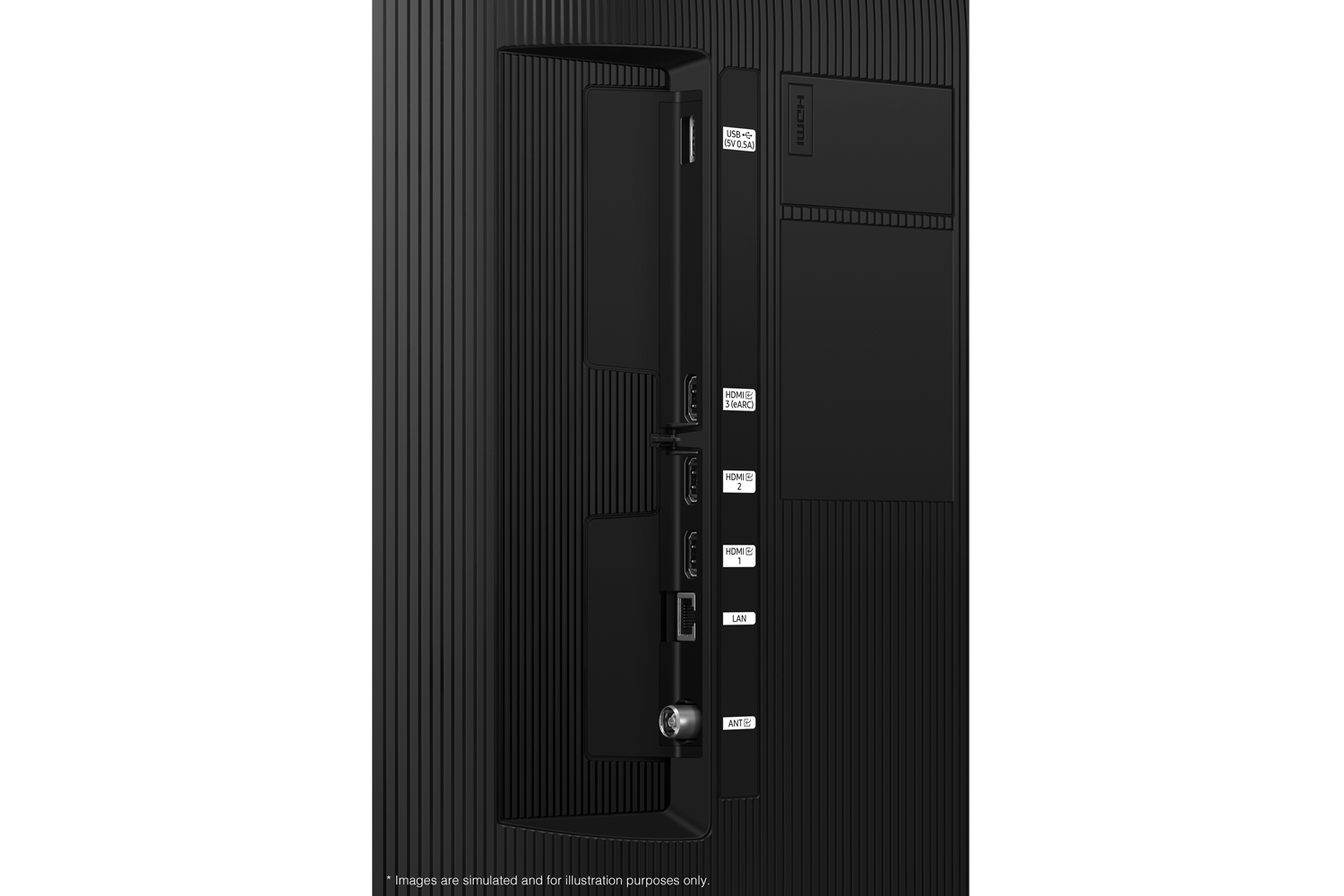 Samsung 2025 QLED QEF1 has USB, HDMI, LAN, antenna ports and etc. on the side.