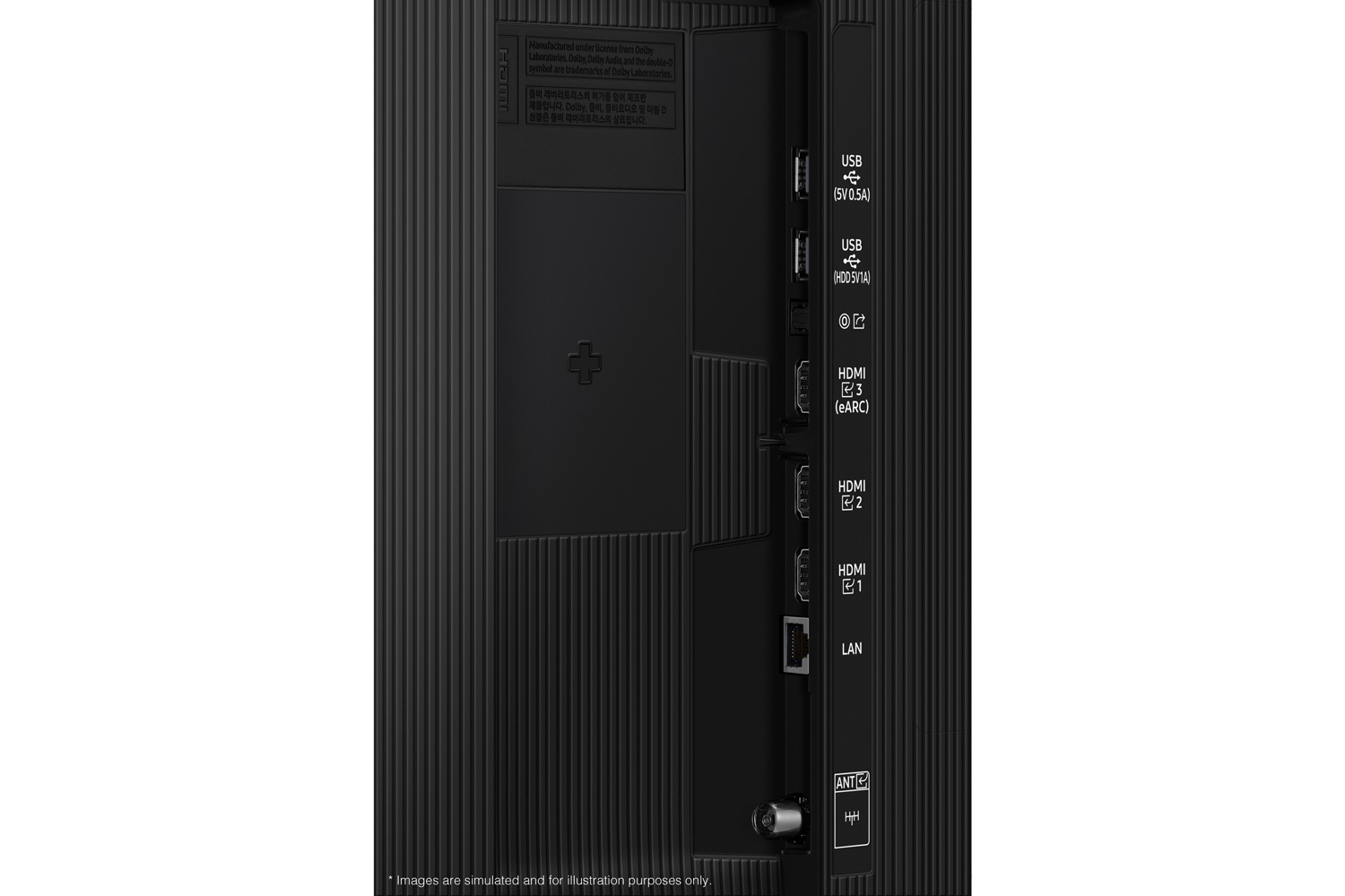 Samsung 2025 QLED 4K Q8F has USB, HDMI, LAN, antenna ports and etc. on the side.