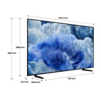 Dimension of Samsung QLED Q8F screen only (1232.1 x 708.8 x 25.7 mm). Height with Black Aero Linear Stand (768.1 mm). Dimension of  Black Aero Linear Stand (910 x 238.6 mm).