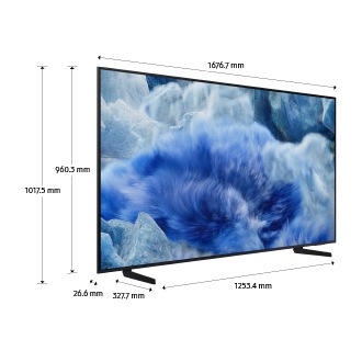 Dimension of Samsung QLED Q8F screen only (1676.7 x 960.3 x 26.6 mm). Height with Black Aero Linear Stand (1017.5 mm). Dimension of  Black Aero Linear Stand (1253.4 x 327.7 mm).
