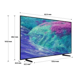 Dimension of Samsung Neo QLED QN1EF screen only (1232.9 x 709.2 x 25.7 mm). Height with Black Aero Linear Stand (768.5 mm). Dimension of Black Aero Linear Stand (910 x 238.6 mm).