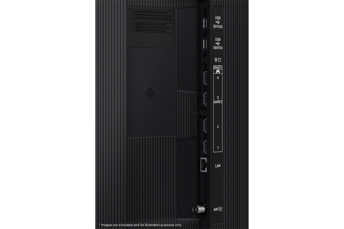 Samsung 2025 Neo QLED QN70F has USB, HDMI, LAN, antenna ports and etc. on the side.