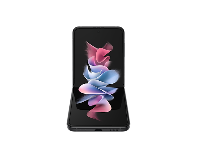 The front of Samsung Z Flip3 in Pink (SM-F711BLIFXSP) shows a beautiful graphic wallpaper on the main screen with silky smooth scrolling with 120Hz