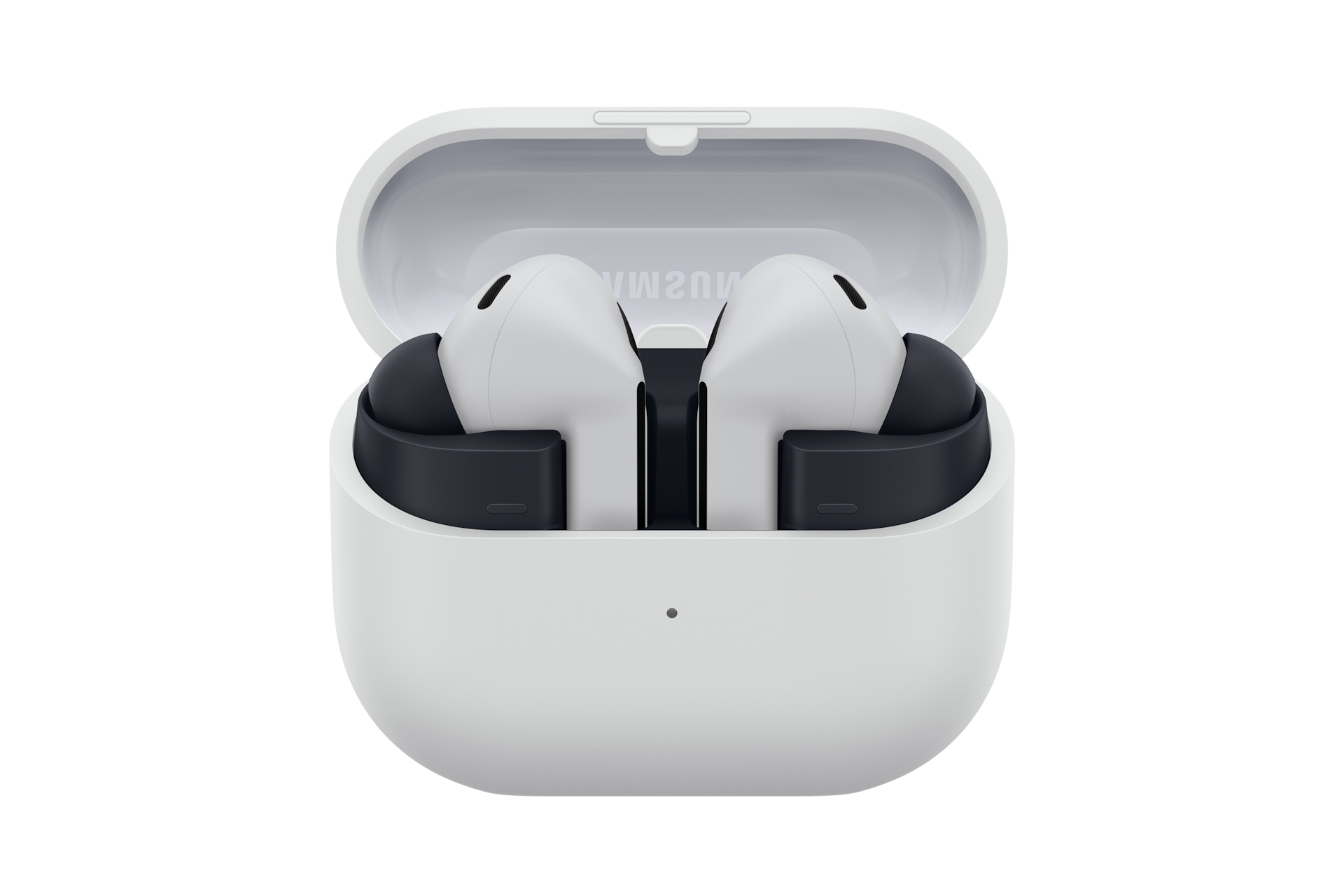The image features a pair of Samsung Galaxy Buds3 FE wireless earbuds resting gracefully inside a sleek grey charging case, which is slightly open. These Buds3 exhibit a predominantly grey design enhanced by elegant black accents, showcasing their modern aesthetic.