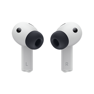 The image features a pair of Samsung Galaxy Buds3 FE wireless earbuds, showcasing a sleek grey design complemented by black ear tips. The left earbud is marked with an L, while the right one has an R, ensuring accurate audio placement.