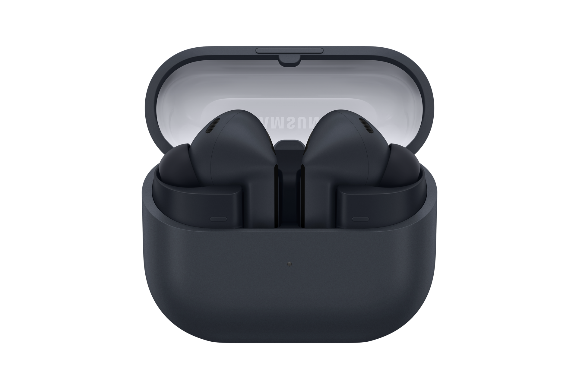 The image showcases a dark blue charging case for the Samsung Galaxy Buds3 FE, featuring two wireless earbuds snugly nestled inside. The case is open, revealing a light grey lining and a small indicator light, which is ideal for enhancing your audio experience.