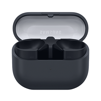 The image displays a pair of Samsung Galaxy Buds3 FE, elegantly nestled in a matching charging case with the lid open. The interior is white, showcasing the Buds3 FE's sleek and modern design, which is perfect for high-quality audio experiences.