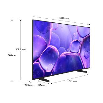 Dimension of Samsung Crystal UHD U8000F screen only (957.8 x 558.8 x 76.3 mm). Height with Black Basic feet Stand (609 mm). Dimension of Black Basic feet Stand. (613 x 157 mm).