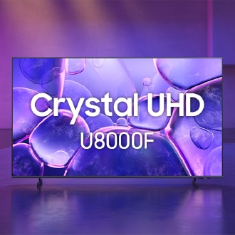 Samsung Crystal UHD U8000F TV in a purple indoor space displays an abstract scene of purple bubbles. 